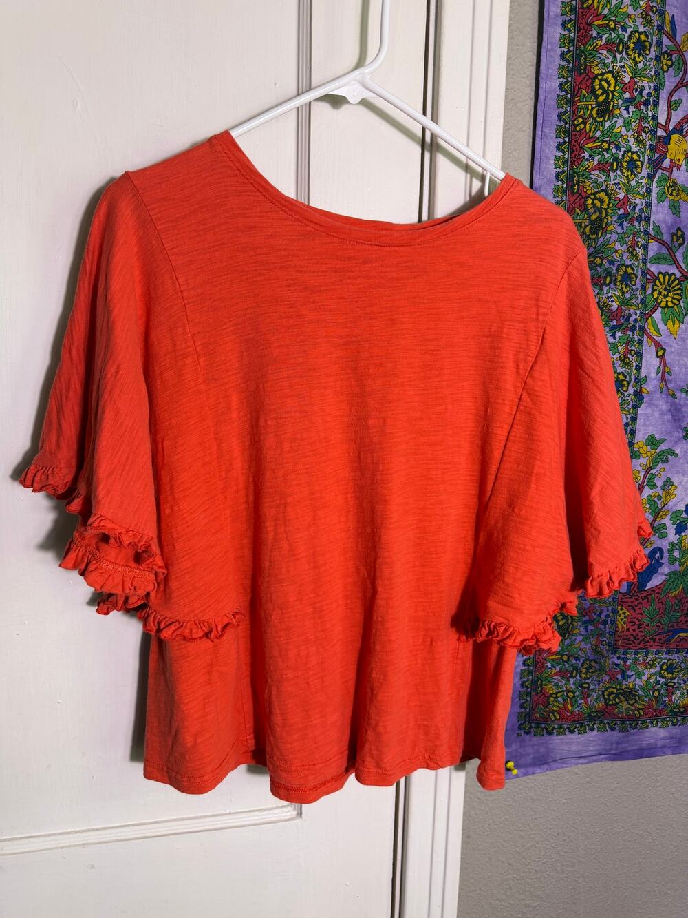 See and Be Seen Womens Small Orange Ruffle Flutter Sleeve Slub Knit Boho Top
